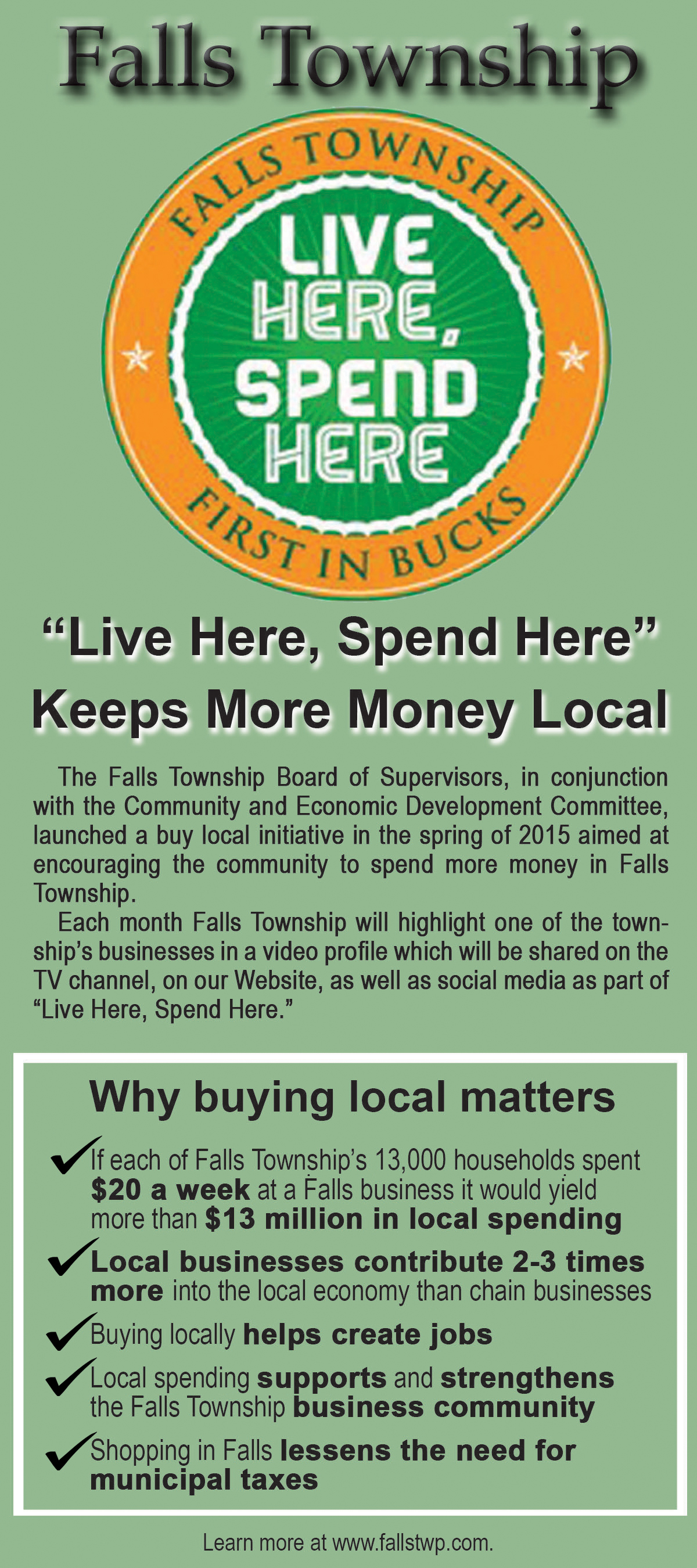 Katalinas Communications designed this rack card for Falls Township, which highlights the township's Live Here, Spend Here effort.